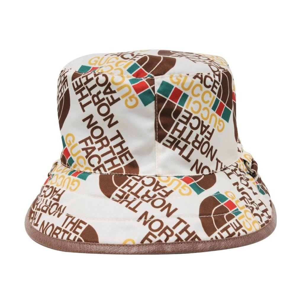 Gucci Mens The North Face All Over Logo Bucket Hat White Brown Nylon Adjustable - Picture 4 of 9